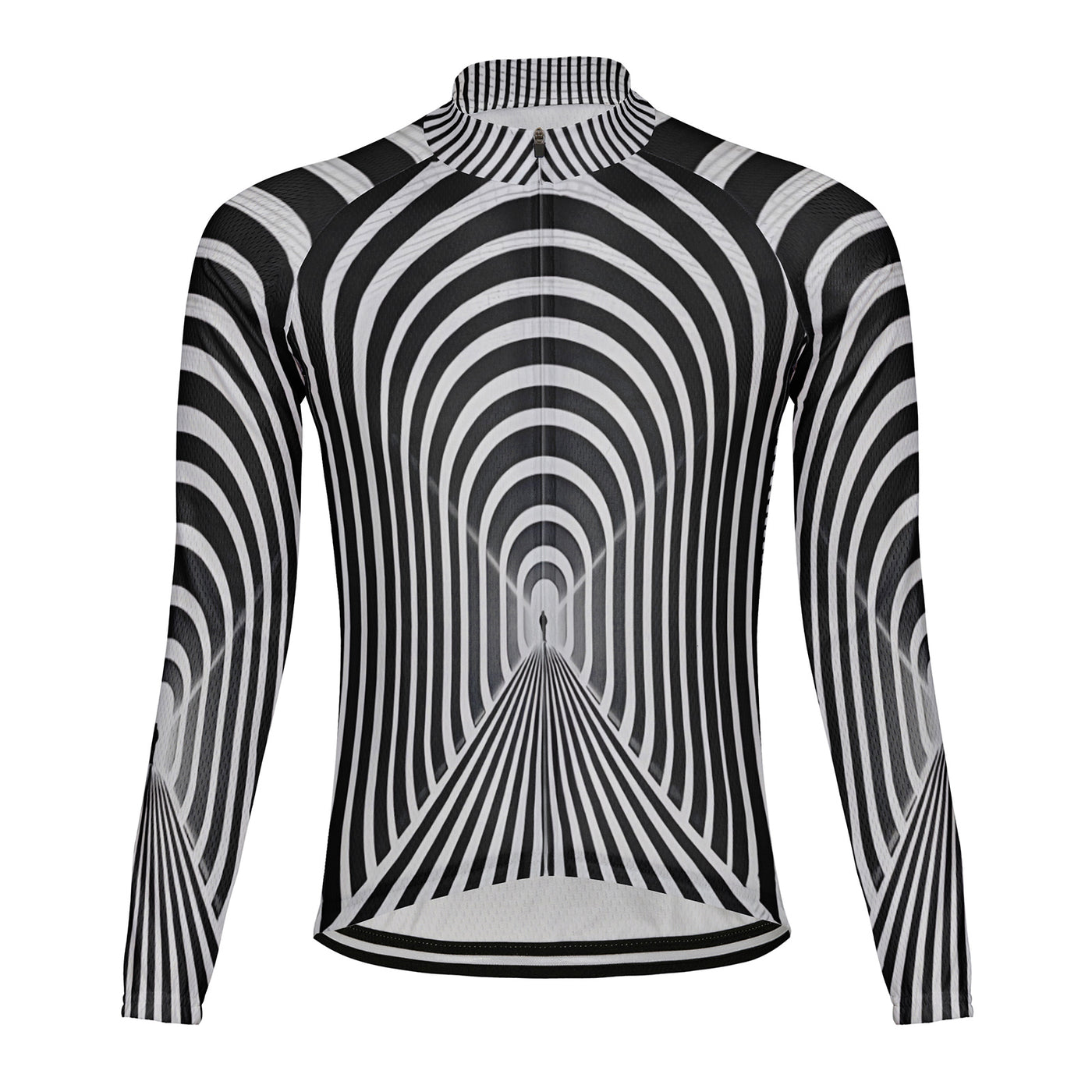Customized Black And White Psychedelic Tunnel Men's Winter Thermal Fleece Cycling Jersey Long Sleeve