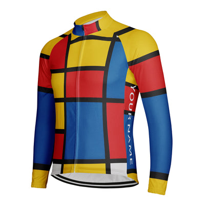 Customized Mondrian Red Yellow Blue Men's Winter Thermal Fleece Cycling Jersey Long Sleeve