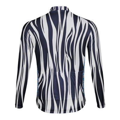 Customized Blue And White Wave Texture Men's Winter Thermal Fleece Cycling Jersey Long Sleeve