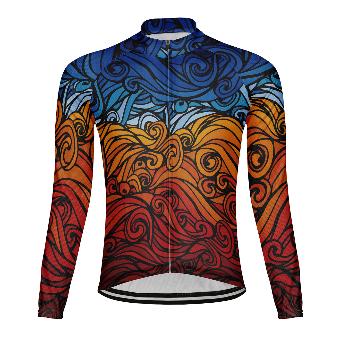 Customized Blue Orange Abstract Stripe Men's Winter Thermal Fleece Cycling Jersey Long Sleeve