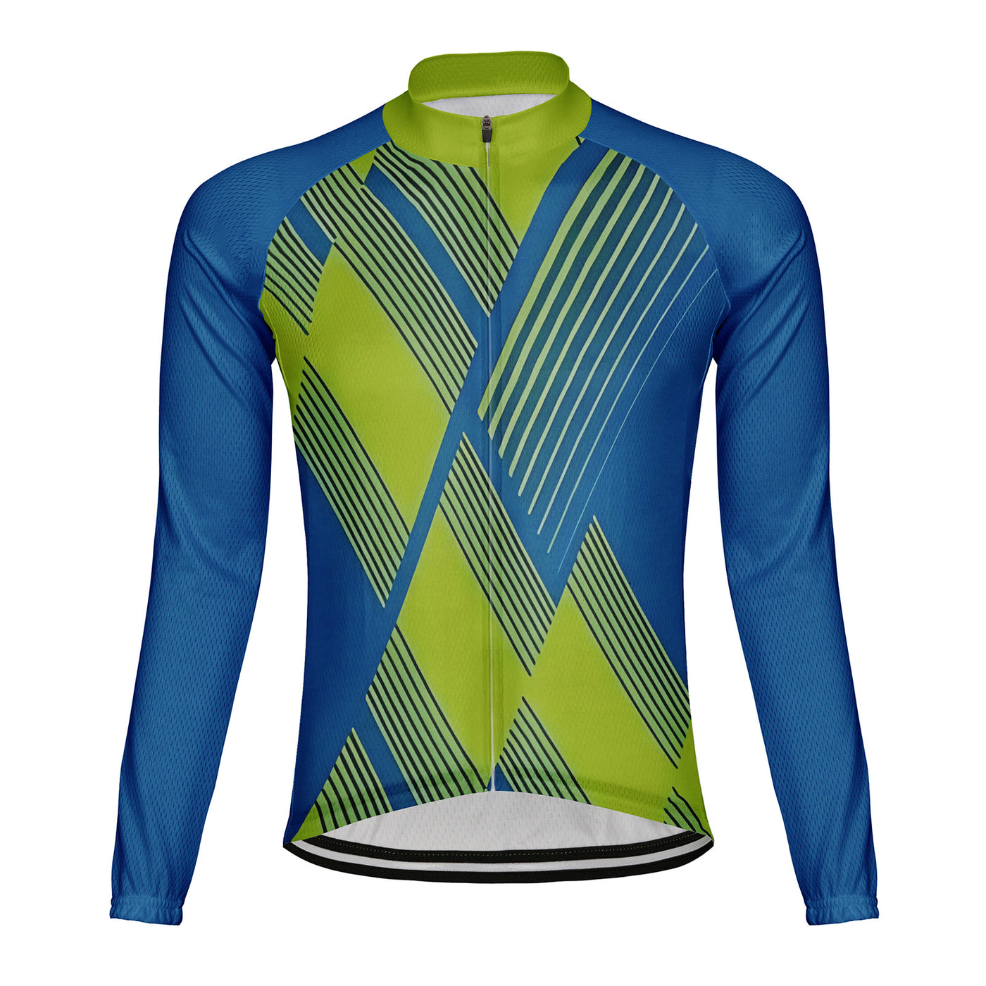Customized Blue Green Diagonal Line Men's Winter Thermal Fleece Cycling Jersey Long Sleeve