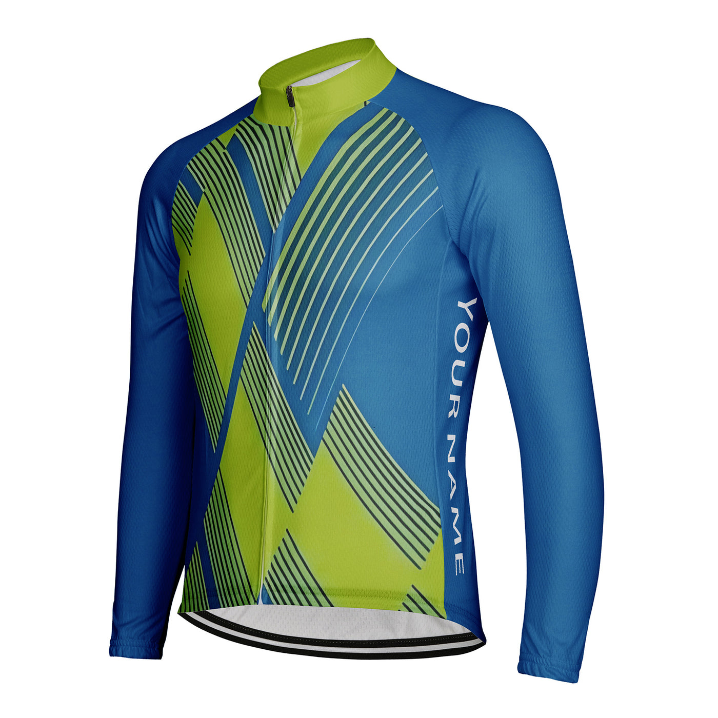 Customized Blue Green Diagonal Line Men's Winter Thermal Fleece Cycling Jersey Long Sleeve