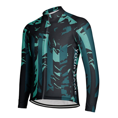 Customized Green Stripe Men's Winter Thermal Fleece Cycling Jersey Long Sleeve