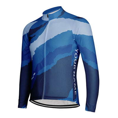 Customized Blue And White Ocean Abstract Men's Winter Thermal Fleece Cycling Jersey Long Sleeve