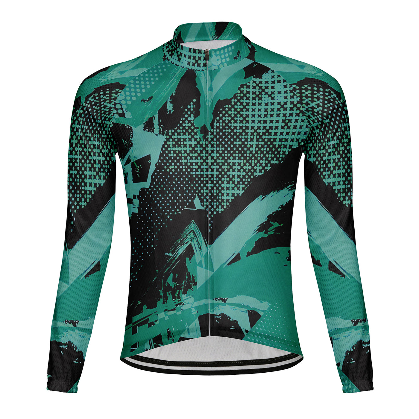 Customized Green and Green Geometric Art Men's Winter Thermal Fleece Cycling Jersey Long Sleeve