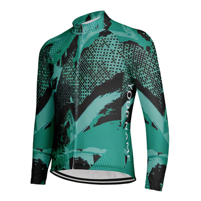 Customized Green and Green Geometric Art Men's Winter Thermal Fleece Cycling Jersey Long Sleeve