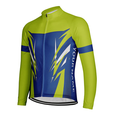 Customized Blue Green Dynamic Contrasting Color Men's Winter Thermal Fleece Cycling Jersey Long Sleeve