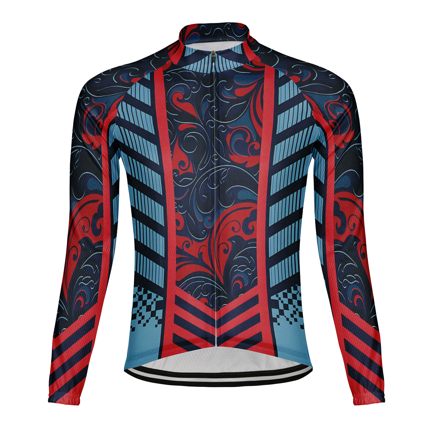 Customized Red And Blue Curly Grass Pattern Men's Cycling Jersey Long Sleeve