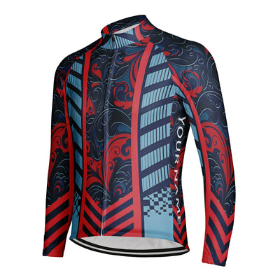 Customized Red And Blue Curly Grass Pattern Men's Winter Thermal Fleece Cycling Jersey Long Sleeve