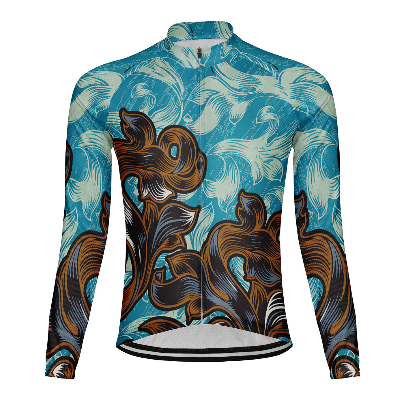 Customized Goldfish Curled Grass Pattern Men's Winter Thermal Fleece Cycling Jersey Long Sleeve