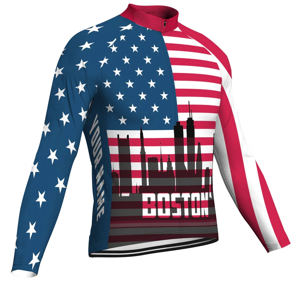 Customized Boston Men's Winter Thermal Fleece Cycling Jersey Long Sleeve