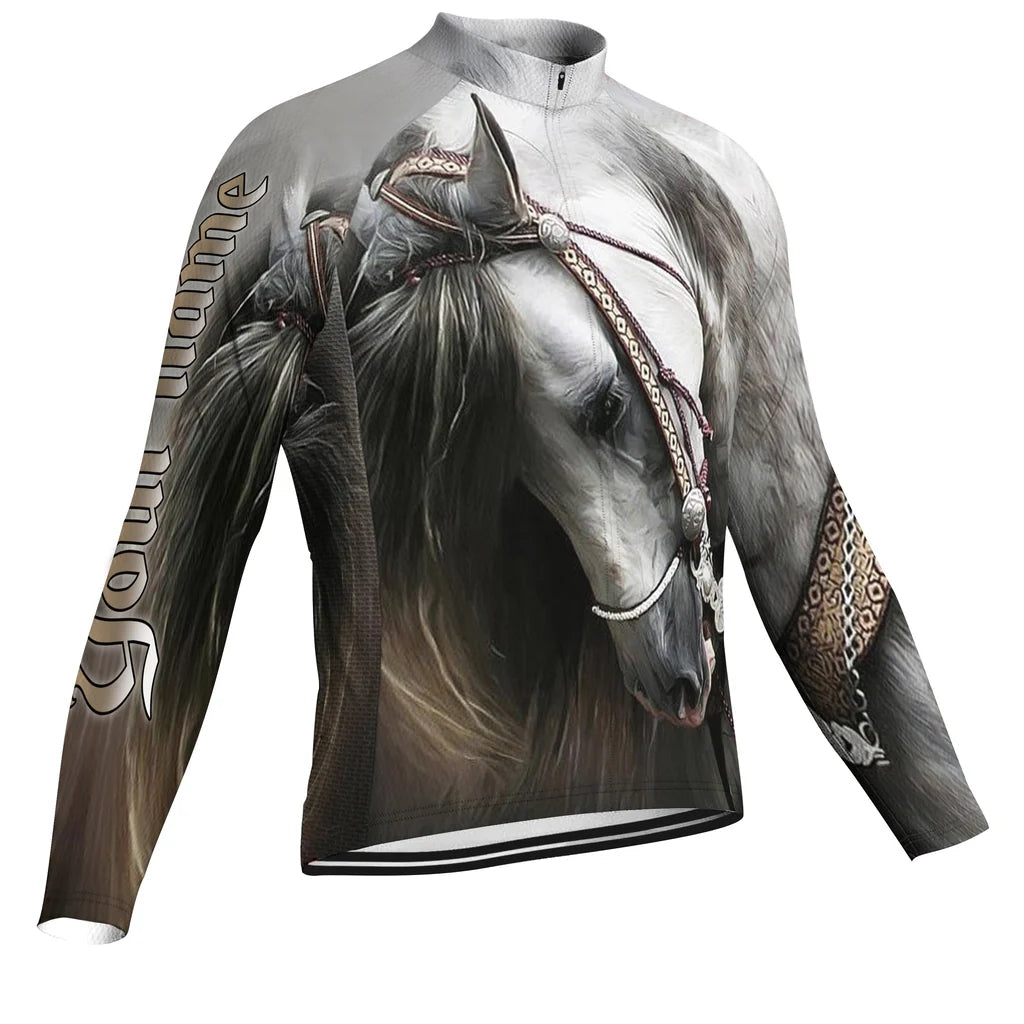 Customized Horse Men's Winter Thermal Fleece Cycling Jersey Long Sleeve