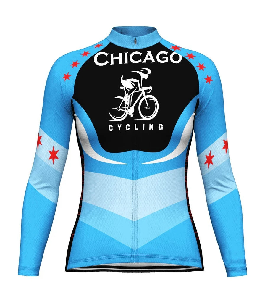 Customized Chicago Women's Thermal Fleece Cycling Jersey Long Sleeve