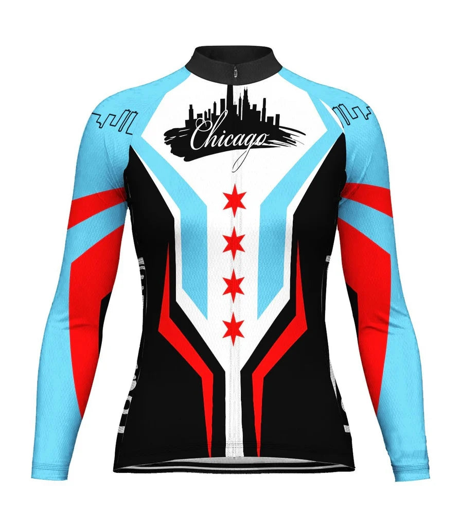 Customized Chicago Women's Thermal Fleece Cycling Jersey Long Sleeve