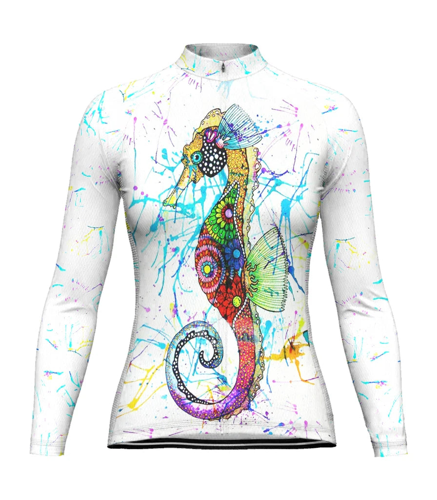 Customized Colorful Seahorse Women's Cycling Jersey Long Sleeve