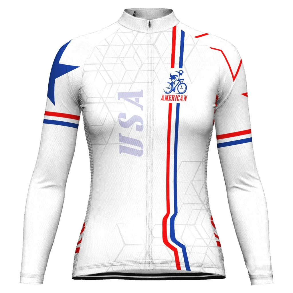 Custom Usa Women's Winter Thermal Fleece Cycling Jersey Long Sleeve