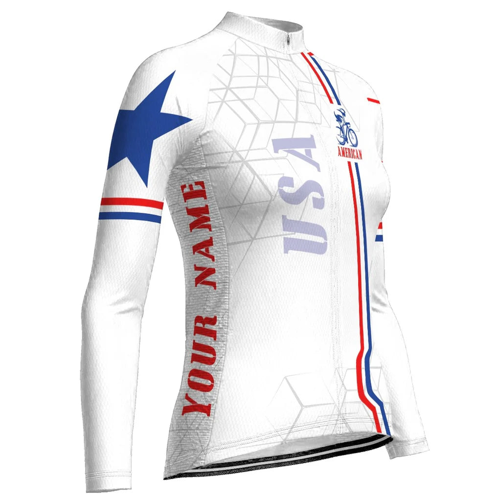 Custom Usa Women's Winter Thermal Fleece Cycling Jersey Long Sleeve