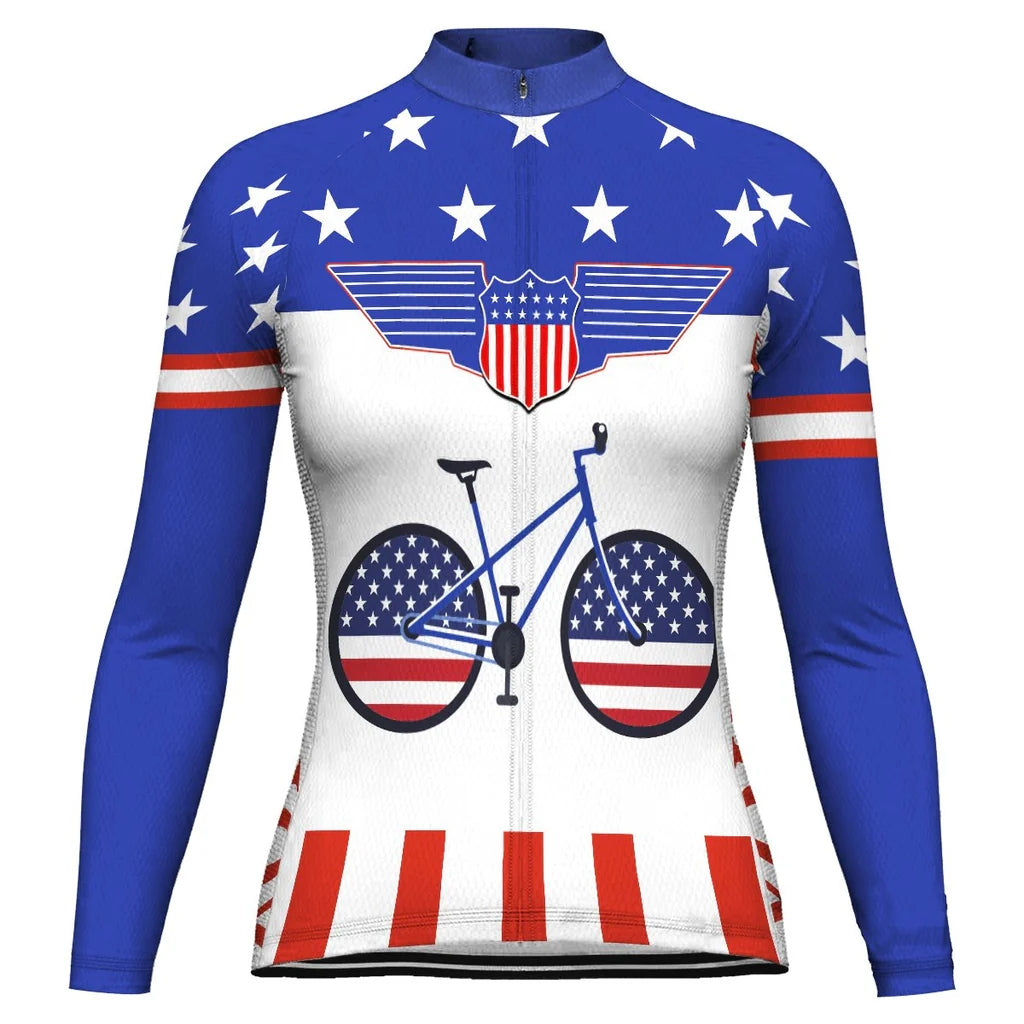 Custom Usa Women's Winter Thermal Fleece Cycling Jersey Long Sleeve