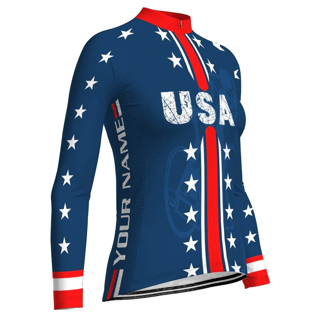 Custom Usa Women's Winter Thermal Fleece Cycling Jersey Long Sleeve
