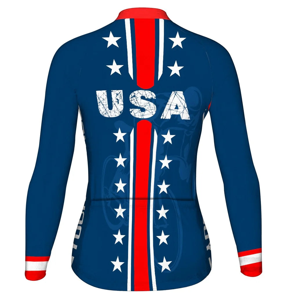 Custom Usa Women's Winter Thermal Fleece Cycling Jersey Long Sleeve