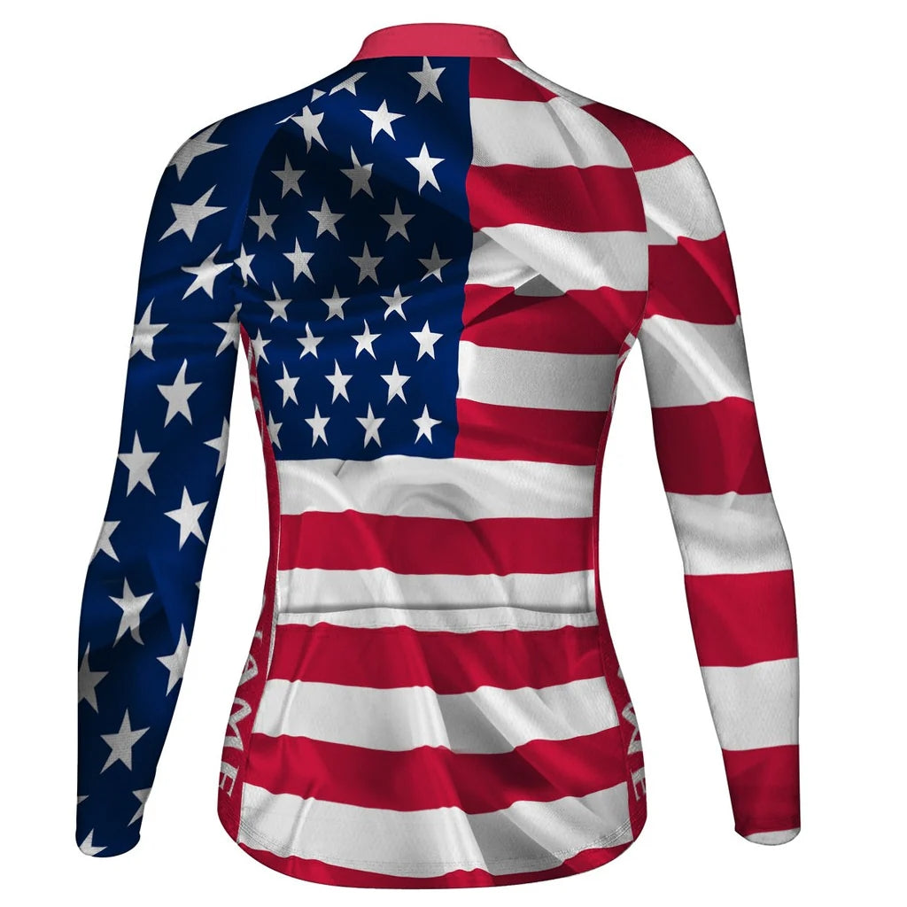 Custom Usa Women's Winter Thermal Fleece Cycling Jersey Long Sleeve