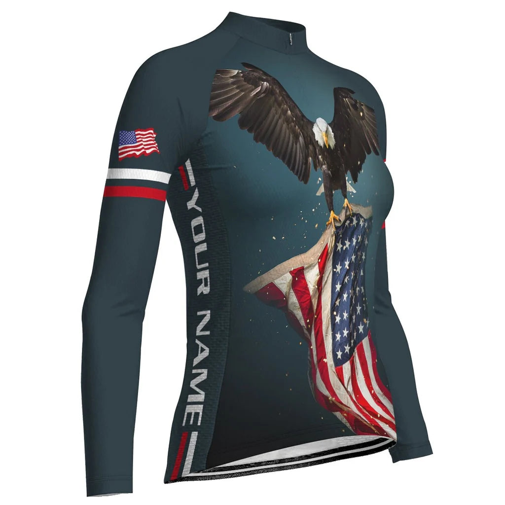 Custom Usa Women's Winter Thermal Fleece Cycling Jersey Long Sleeve