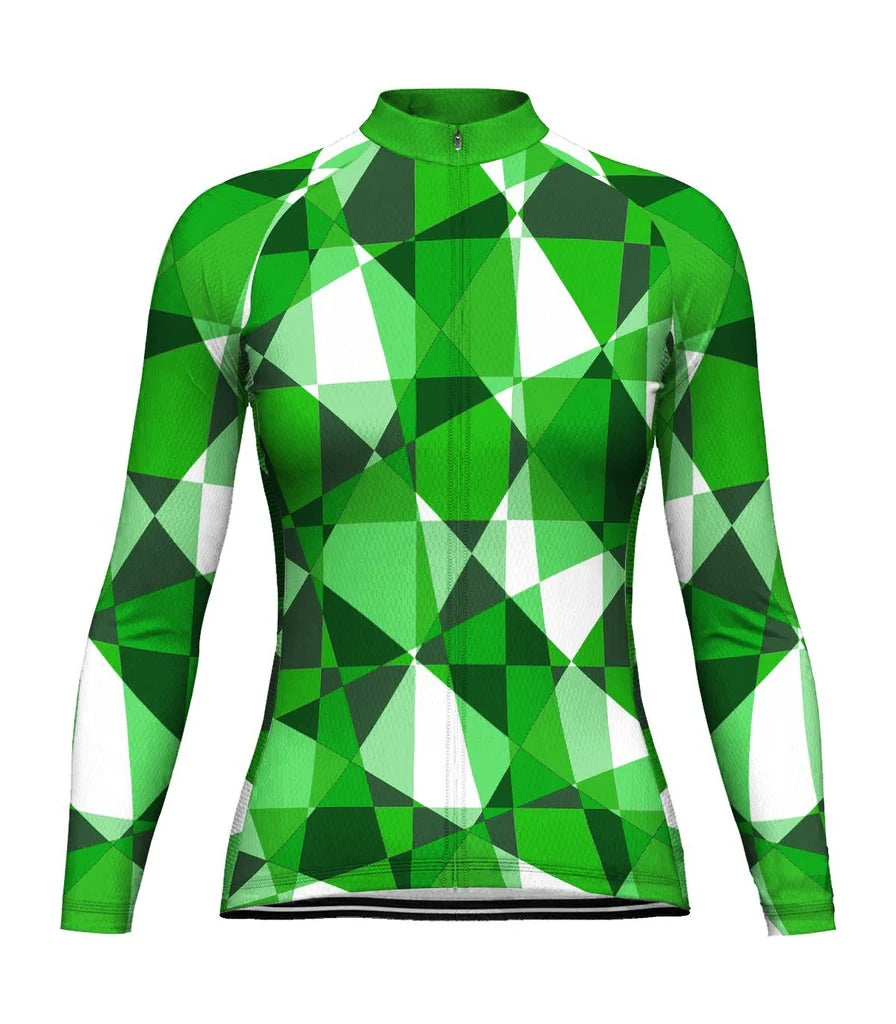 Custom Green Women's Winter Thermal Fleece Cycling Jersey Long Sleeve