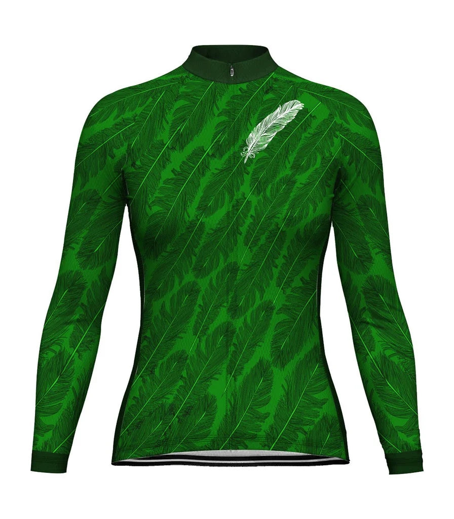 Custom Green Women's Winter Thermal Fleece Cycling Jersey Long Sleeve