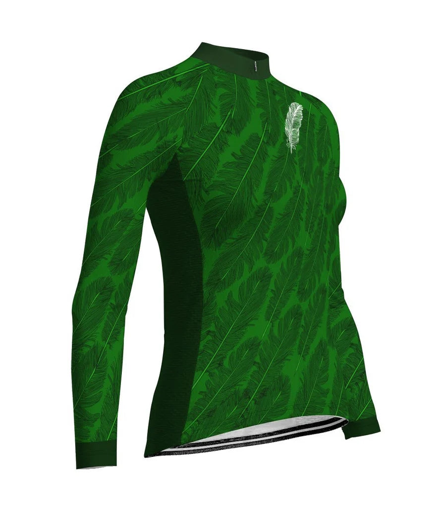 Custom Green Women's Winter Thermal Fleece Cycling Jersey Long Sleeve