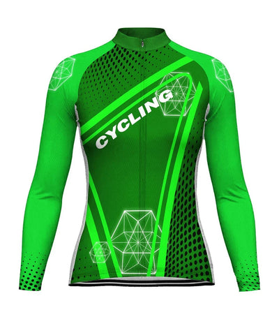 Custom Green Women's Winter Thermal Fleece Cycling Jersey Long Sleeve