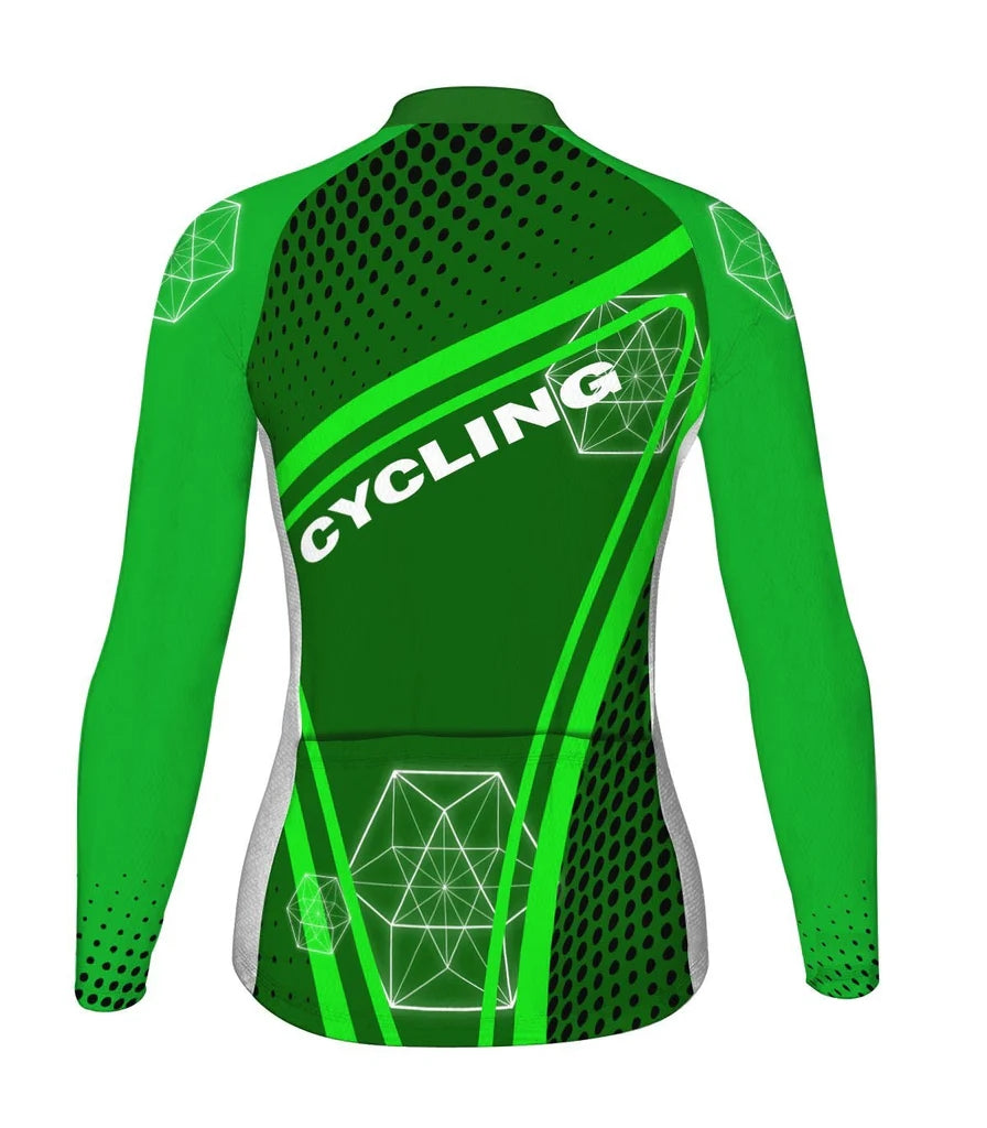 Custom Green Women's Winter Thermal Fleece Cycling Jersey Long Sleeve