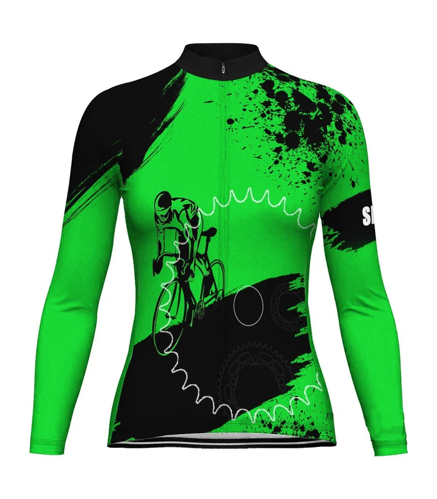 Custom Green Women's Winter Thermal Fleece Cycling Jersey Long Sleeve