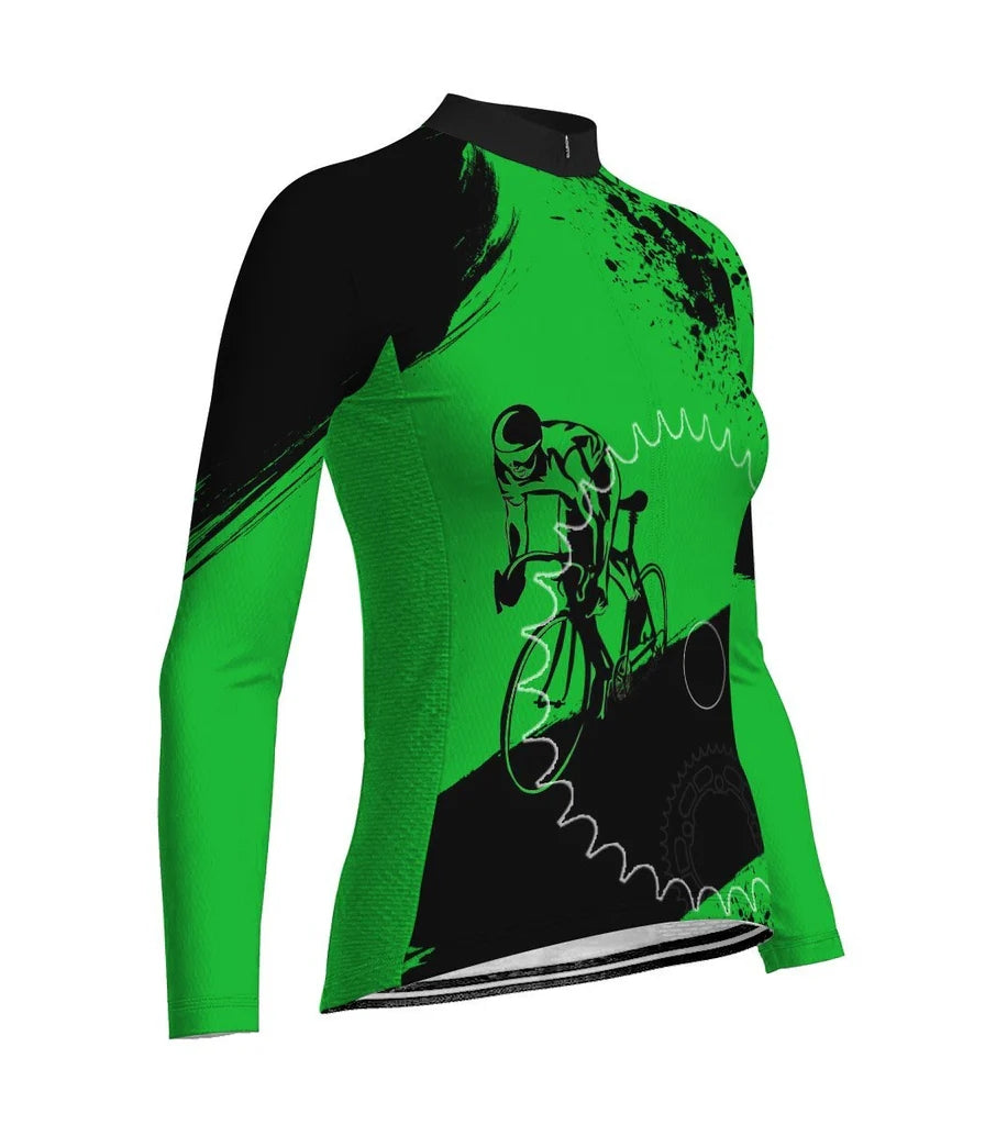 Custom Green Women's Winter Thermal Fleece Cycling Jersey Long Sleeve