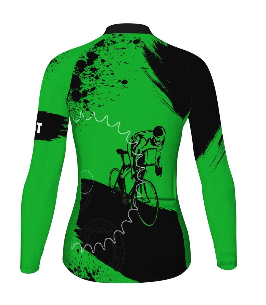 Custom Green Women's Winter Thermal Fleece Cycling Jersey Long Sleeve