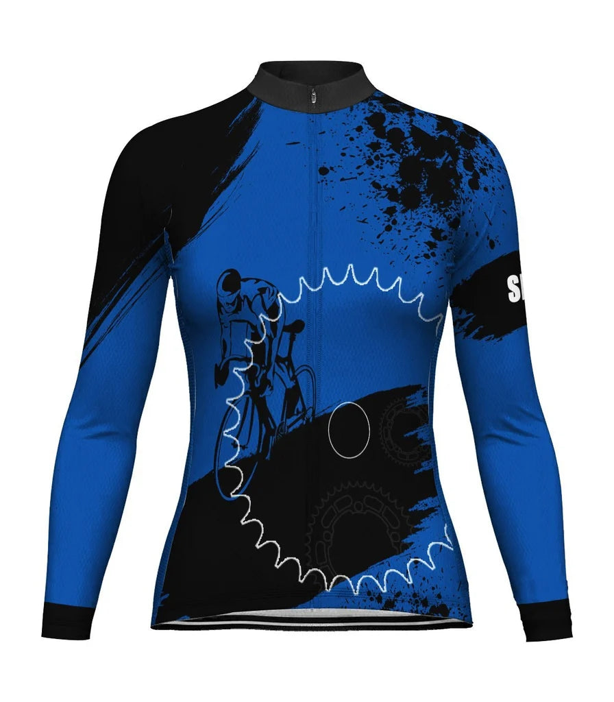 Custom Blue Women's Winter Thermal Fleece Cycling Jersey Long Sleeve