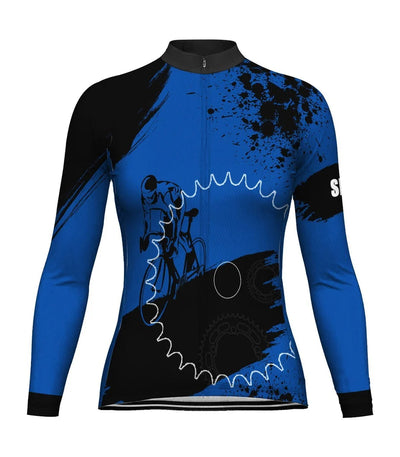 Custom Blue Women's Winter Thermal Fleece Cycling Jersey Long Sleeve