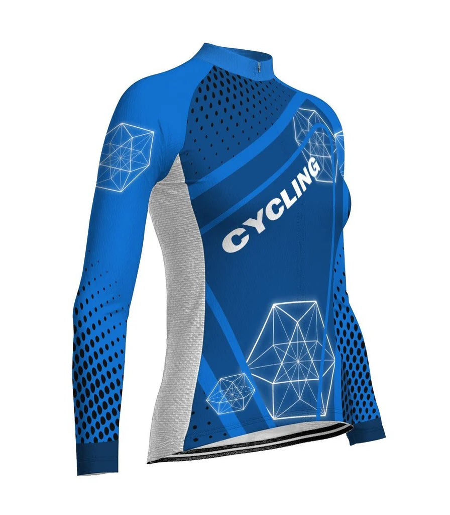 Custom Blue Women's Winter Thermal Fleece Cycling Jersey Long Sleeve