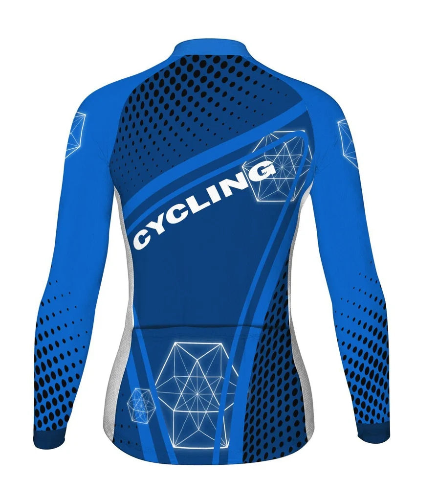 Custom Blue Women's Winter Thermal Fleece Cycling Jersey Long Sleeve