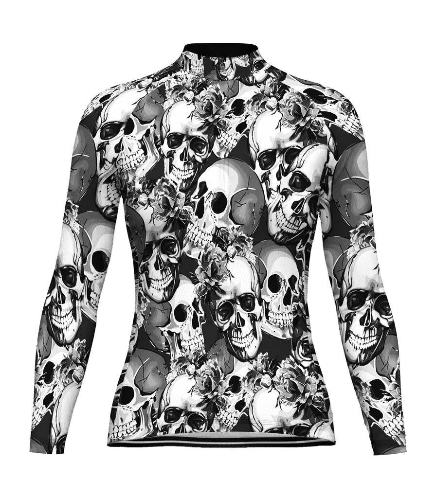 Custom Skull Women's Winter Thermal Fleece Cycling Jersey Long Sleeve
