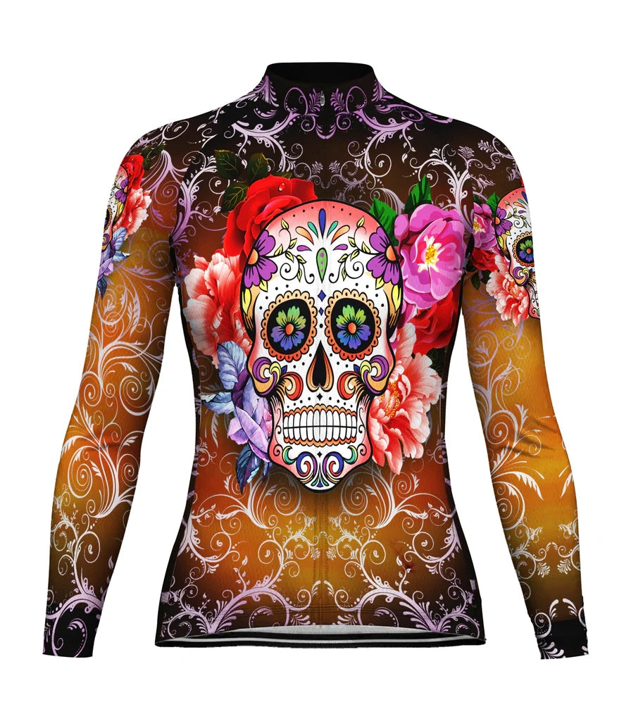 Custom Skull Women's Winter Thermal Fleece Cycling Jersey Long Sleeve