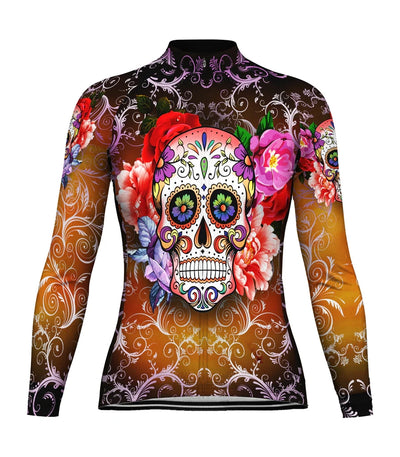 Custom Skull Women's Winter Thermal Fleece Cycling Jersey Long Sleeve