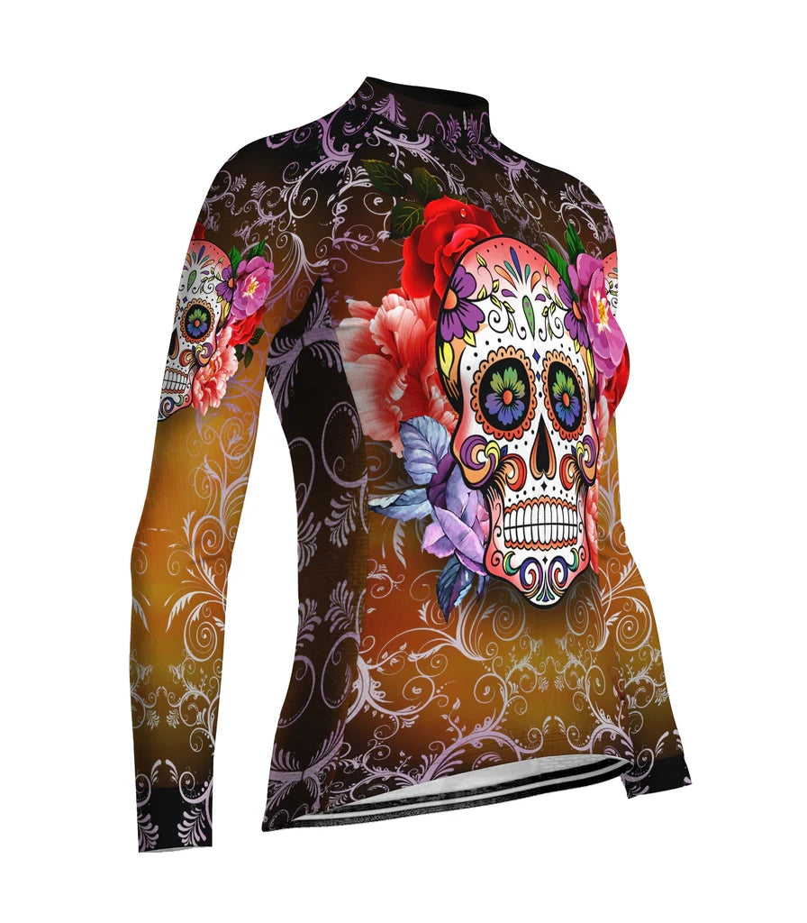 Custom Skull Women's Winter Thermal Fleece Cycling Jersey Long Sleeve