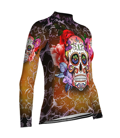 Custom Skull Women's Winter Thermal Fleece Cycling Jersey Long Sleeve