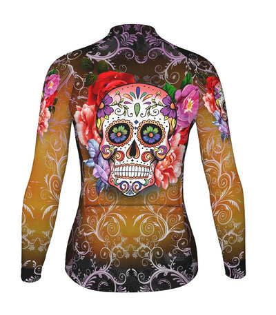 Custom Skull Women's Winter Thermal Fleece Cycling Jersey Long Sleeve
