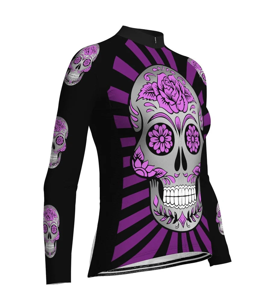 Custom Skull Women's Winter Thermal Fleece Cycling Jersey Long Sleeve