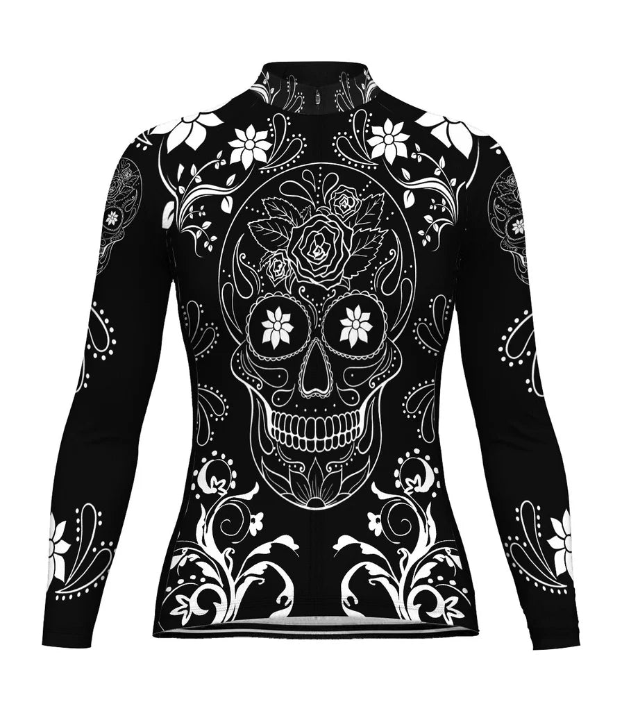 Custom Skull Women's Winter Thermal Fleece Cycling Jersey Long Sleeve