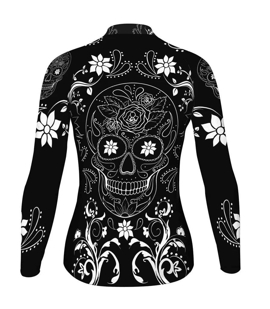 Custom Skull Women's Winter Thermal Fleece Cycling Jersey Long Sleeve