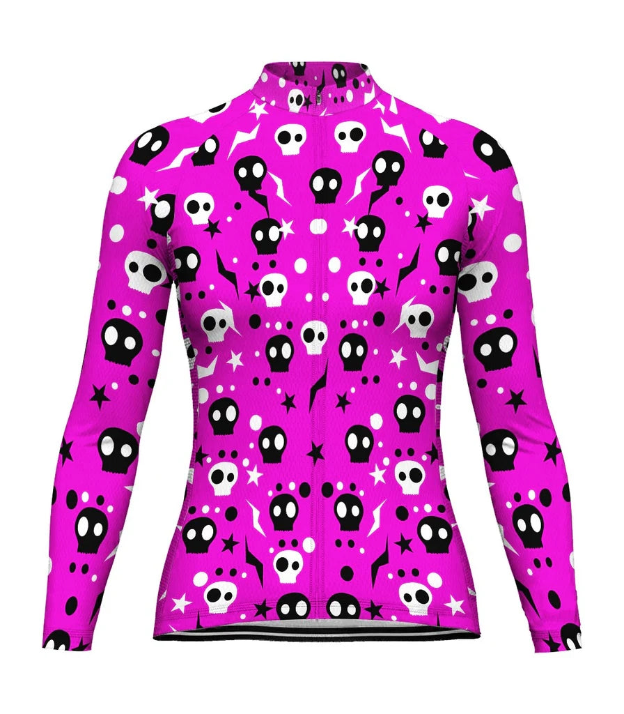 Custom Skull Women's Winter Thermal Fleece Cycling Jersey Long Sleeve