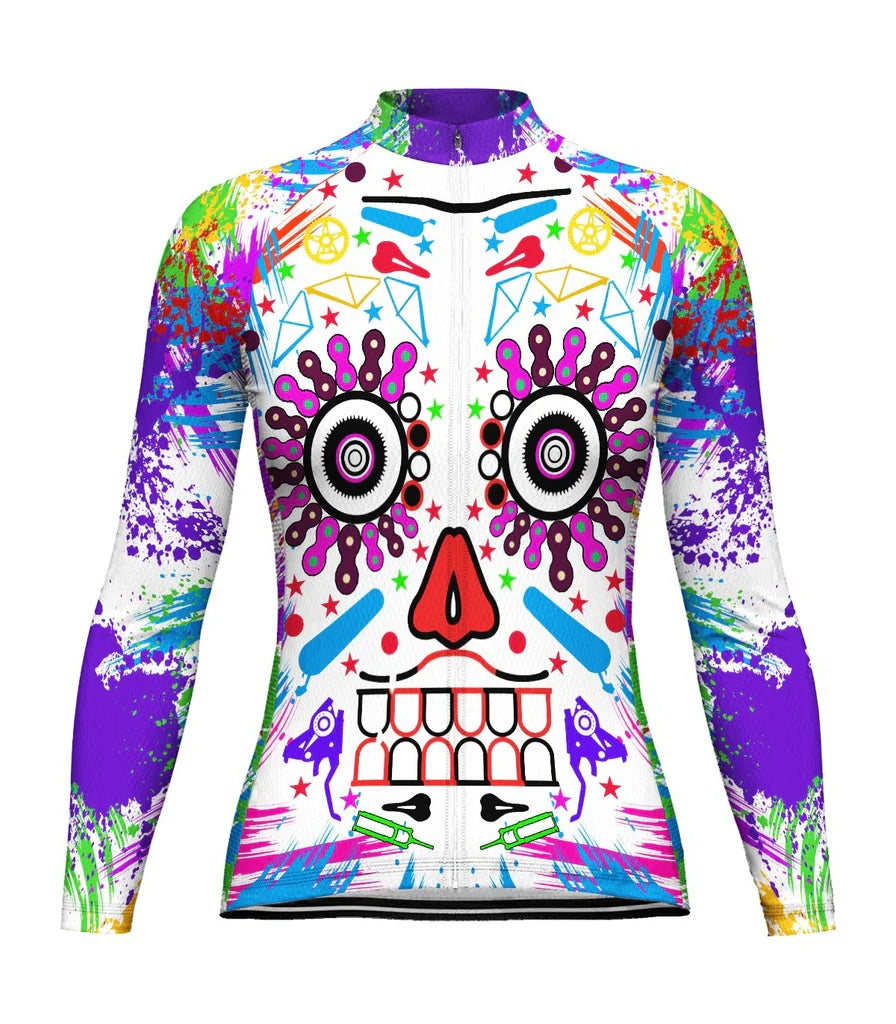 Custom Skull Women's Winter Thermal Fleece Cycling Jersey Long Sleeve