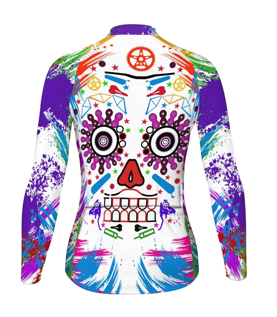 Custom Skull Women's Winter Thermal Fleece Cycling Jersey Long Sleeve